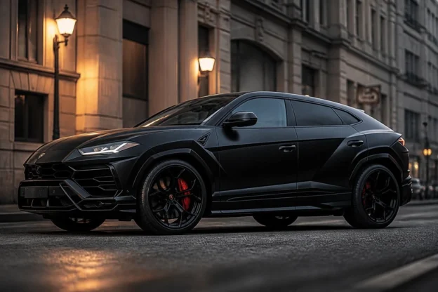 Серый гибридный кроссовер Lamborghini Urus SE с бокового ракурса на трассе